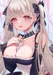 Rule 34 | 1girl, :p, azur lane, bare shoulders, between breasts, black bow, black nails, blonde hair, blue background, blush, bow, breasts, cleavage, detached collar, earrings, finger to cheek, formidable (azur lane), frills, gradient background, hair bow, heart, heart-shaped pupils, highres, jewelry, large breasts, long hair, long sleeves, looking back, nail polish, sirom, sleeves past wrists, smile, solo, symbol-shaped pupils, tongue, tongue out, twintails, twitter username, underbust, upper body, very long hair