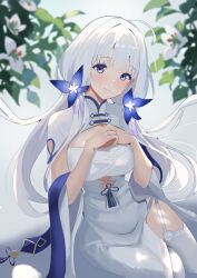 Rule 34 | azur lane, blue hair, china dress, chinese clothes, cleavage cutout, clothing cutout, commentary request, cutout above navel, dress, flower, garter straps, hair flower, hair ornament, hands on own chest, highres, illustrious (azur lane), illustrious (maiden lily&#039;s radiance) (azur lane), long hair, mole, mole under eye, natsuki (natsu 1936), official alternate costume, own hands together, pelvic curtain, side slit, thighhighs, tri tails, white dress, white garter straps, white hair, white thighhighs