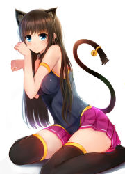 Rule 34 | 1girl, animal ears, arm strap, bell, black thighhighs, blue eyes, blush, breasts, brown hair, cat ears, cat tail, collar, kero (tomoki-tiger), long hair, looking at viewer, open mouth, original, paw pose, simple background, sitting, skirt, sleeveless, smile, solo, tail, tail bell, tail ornament, thighhighs, wariza, white background