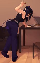 Rule 34 | 1girl, bare arms, bare shoulders, bent over, black hair, black tank top, chair, commentary, couch, demon tail, ear piercing, food, from behind, full body, headband, highres, horns, indoors, long hair, looking at viewer, looking back, open mouth, original, pants, piercing, pizza, pizza box, pizza slice, pointy ears, sharp teeth, solo, table, tail, tank top, teeth, tile floor, tiles, yoako