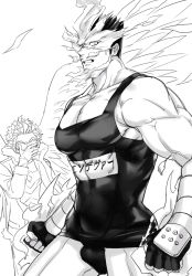 Rule 34 | 2boys, absurdres, alternate costume, bare legs, bare shoulders, boku no hero academia, briefs, bulge, couple, covered erect nipples, cowboy shot, endeavor (boku no hero academia), facepalm, fingerless gloves, fire, gloves, greyscale, hawks (boku no hero academia), helen roro, highres, large pectorals, looking at viewer, male focus, male underwear, mature male, monochrome, multiple boys, muscular, muscular male, pectoral cleavage, pectorals, scar, scar across eye, scar on face, short hair, sideburns, sidepec, sign, skin tight, spiked hair, thick thighs, thighs, translation request, underwear, vambraces, yaoi