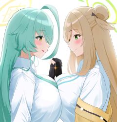 Rule 34 | 2girls, ahoge, blue archive, breasts, brown hair, closed mouth, collared shirt, green eyes, green hair, halo, highres, holding hands, huge breasts, long hair, long sleeves, looking at another, multiple girls, necktie, nonomi (blue archive), rikki, shirt, simple background, smile, tongue, tongue out, white background, white shirt, yellow eyes, yume (blue archive)