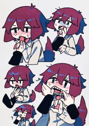 Rule 34 | 1girl, 1other, ?, \||/, animal ears, antenna hair, blue eyes, chibi, dog ears, dog tail, fangs, finger in another&#039;s mouth, floppy ears, hair between eyes, hand up, highres, multiple views, original, purple hair, sharp teeth, simple background, sweat, tail, tail raised, teeth, tongue, tongue out, white background, yaigi
