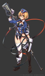 Rule 34 | 1girl, blonde hair, empew, glasses, gun, gyakushuu no fantasica, hat, holding, knife, looking at viewer, official art, original, rifle, short hair, simple background, sniper rifle, solo, weapon, yellow eyes