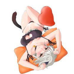 Rule 34 | 10s, 1girl, animal ears, bell, black bra, black panties, blush, bra, braid, breasts, brown eyes, cat ear panties, cat ears, cat lingerie, cat tail, choker, cleavage, cleavage cutout, clothing cutout, embarrassed, heart, heart-shaped pillow, highres, jewelry, jingle bell, kantai collection, kemonomimi mode, koakuma juno, long hair, looking at viewer, lying, meme attire, navel, neck bell, on back, panties, paw pose, pillow, ring, side-tie panties, silver hair, single braid, solo, tail, thigh gap, underwear, underwear only, unryuu (kancolle), upside-down, wedding band, wedding ring