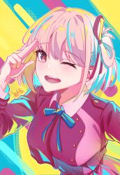 Rule 34 | 1girl, absurdres, blonde hair, breasts, chxoswolf, facing viewer, hair ribbon, highres, large breasts, looking at viewer, looking up, lycoris recoil, multicolored background, necktie, neon palette, nishikigi chisato, red eyes, ribbon, salute, school uniform, short hair, solo