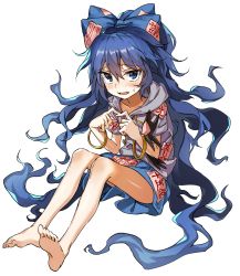 Rule 34 | 1girl, bangle, bare legs, barefoot, blue eyes, blue hair, blue skirt, bow, bracelet, commentary request, debt, drawstring, feet, fidgeting, full body, hair between eyes, hair bow, hands up, highres, hood, hoodie, index fingers together, jewelry, long hair, looking at viewer, manarou, miniskirt, sitting, skirt, soles, solo, stuffed animal, stuffed cat, stuffed toy, sweat, toes, touhou, very long hair, wavy hair, yorigami shion