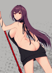 Rule 34 | 1girl, ass, back, bare back, black sweater, breasts, butt crack, cowboy shot, fate/grand order, fate (series), gae bolg (fate), highres, holding, holding weapon, long hair, meme attire, naked sweater, pochi (pochi-goya), purple hair, red eyes, scathach (fate), scathach (fate), sideboob, solo, sweater, virgin killer sweater, weapon