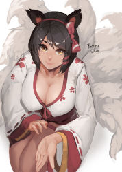 Rule 34 | 1girl, ahri (league of legends), alternate costume, animal ears, black hair, breasts, brown eyes, cleavage, eyebrows, fox ears, fox tail, highres, large breasts, league of legends, lips, looking at viewer, multiple tails, nose, short hair, sky of morika, smile, solo, tail, thighs