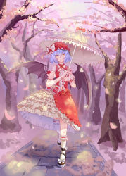 Rule 34 | 1girl, absurdres, alternate costume, bat wings, blue hair, bow, cherry blossoms, detached sleeves, dress, flower, frilled dress, frills, full body, hat, hat ribbon, highres, hua ye, kneehighs, layered dress, looking at viewer, mob cap, nail polish, parasol, petals, puffy sleeves, red eyes, remilia scarlet, ribbon, rose, see-through, shoes, short hair, short sleeves, smile, socks, solo, touhou, tree, umbrella, walking, white socks, wings, wrist cuffs
