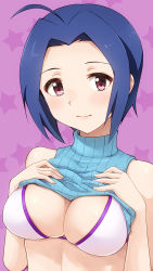 Rule 34 | 1girl, ahoge, bare shoulders, blue hair, bra, breasts, cleavage, clothes lift, hashi, idolmaster, idolmaster (classic), miura azusa, purple eyes, shirt lift, short hair, simple background, smile, solo, sweater, underwear, upper body