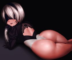Rule 34 | 1girl, absurdres, aged down, ass grab, back cutout, black hairband, blindfold, clothing cutout, feather-trimmed sleeves, hairband, highres, juliet sleeves, leotard, long sleeves, mole, mole under mouth, nier (series), nier:automata, no pants, open mouth, otto, ottofoxhole, petite, puffy sleeves, short hair, silver hair, simple background, solo focus, white leotard, 2b (nier:automata)