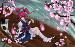 Rule 34 | 1girl, arm support, bakanoe, blue dress, boat, boots, cherry blossoms, coin, dress, hair bobbles, hair ornament, hitodama, obi, onozuka komachi, open mouth, red eyes, red hair, reflection, sandals, sash, scythe, short hair, sitting, solo, touhou, tree, two side up, wallpaper, water, watercraft, zouri