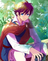 Rule 34 | 1boy, belt, bench, blue eyes, blue tunic, blurry, blurry foreground, brooch, brown hair, bartz klauser, cape, cowboy shot, cup, final fantasy, final fantasy v, foliage, hair between eyes, holding, holding cup, jewelry, leaf, leaning forward, long sleeves, looking at viewer, male focus, open collar, outdoors, pants, red cape, sanroku 3, shirt, short sleeves, sitting, smile, solo, twitter username, white pants, white shirt