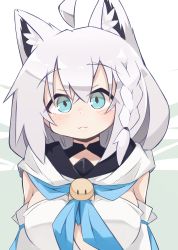 1girl :3 absurdres ahoge animal_ear_fluff animal_ears blue_eyes blue_neckerchief blush braid breasts closed_mouth commentary_request detached_sleeves fox_ears fox_girl hair_between_eyes highres hololive large_breasts long_hair looking_at_viewer neckerchief shirakami_fubuki shirakami_fubuki_(1st_costume) side_braid single_braid smile solo upper_body virtual_youtuber white_hair white_sleeves yayuyoyayuyo