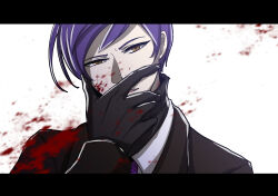 Rule 34 | 1boy, black gloves, black jacket, black sweater, blood, blood on face, brown eyes, collared shirt, commentary request, gloves, hand on own face, highres, jacket, lobotomy corporation, long sleeves, male focus, necktie, open mouth, project moon, purple hair, purple necktie, ribbed sweater, sakuya 996, shirt, short hair, solo, sweater, turtleneck, turtleneck sweater, white shirt, yesod (project moon)