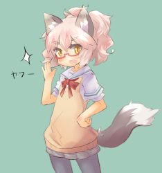 Rule 34 | 1girl, animal ears, bow, bowtie, cat ears, cat tail, eyebrows, fang, glasses, green background, hand on own hip, looking at viewer, open mouth, original, pantyhose, pink hair, sailor collar, school uniform, shirt, short hair, simple background, skirt, solo, sparkle, sweater vest, tail, thick eyebrows, tomcat (moconeko), updo, yellow eyes
