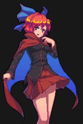 Rule 34 | 1girl, :o, black shirt, blue bow, bow, breasts, cape, commentary request, feet out of frame, hair bow, holding, holding cape, holding clothes, long sleeves, medium breasts, miniskirt, pixel art, pleated skirt, potemki11, red cape, red eyes, red hair, red skirt, sekibanki, shirt, short hair, simple background, skirt, solo, standing, touhou