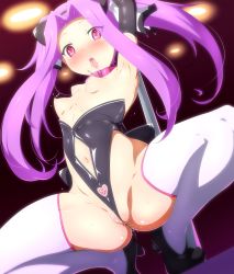 Rule 34 | 1girl, black gloves, blush, bow legged, breasts, cleft of venus, clothing cutout, collar, danpu, elbow gloves, fate/grand order, fate (series), gloves, heart, heart-shaped pupils, highres, long hair, looking at viewer, medusa (fate), medusa (lancer) (fate), medusa (rider) (fate), mind control, navel, navel cutout, nipple piercing, nipples, partially visible vulva, piercing, pole dancing, pubic tattoo, purple hair, pussy juice, red eyes, revealing clothes, rider, small breasts, solo, spread legs, squatting, symbol-shaped pupils, tattoo, thighhighs, tongue, tongue out, wedgie, white thighhighs