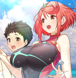 Rule 34 | 1boy, 1girl, absurdres, breasts, brown eyes, brown hair, competition swimsuit, earrings, green322, height difference, hetero, highres, holding hands, jewelry, nintendo, one-piece swimsuit, open mouth, pyra (pro swimmer) (xenoblade), pyra (xenoblade), red eyes, red hair, rex (xenoblade), smile, swimsuit, water, xenoblade chronicles (series), xenoblade chronicles 2