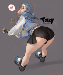 Rule 34 | 1boy, artist name, ass, ass focus, blonde hair, blue eyes, bridget (guilty gear), fingerless gloves, gloves, grey background, guilty gear, highres, looking at viewer, looking back, simple background, smile, tagme, toxxy, trap, twitter, twitter logo