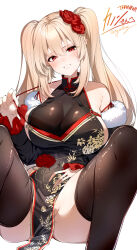 1girl bare_shoulders black_dress black_thighhighs blonde_hair blush breasts china_dress chinese_clothes commission covered_navel darjeeling_(reley) detached_sleeves dress flower fur_trim hair_flower hair_ornament highres large_breasts long_hair looking_at_viewer numako_(pizza_kanon) parted_lips pelvic_curtain phantasy_star phantasy_star_online_2 pointy_ears red_eyes red_flower red_rose rose second-party_source sideboob sitting skeb_commission solo spread_legs thighhighs twintails