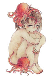 Rule 34 | 1girl, barefoot, blush, brown hair, convenient censoring, feet, hantoumei namako, hugging own legs, legs together, nude, octopus, simple background, white background