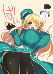 Rule 34 | 10s, 1girl, atago (kancolle), blonde hair, bouncing breasts, breasts, brown background, gloves, green eyes, hat, huge breasts, jumping, kantai collection, long hair, looking at viewer, midair, one eye closed, pantyhose, smile, solo, takeda aranobu