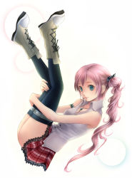 Rule 34 | 10s, 1girl, ass, bad id, bad pixiv id, bare shoulders, black thighhighs, blue eyes, boots, dodon (reina), final fantasy, final fantasy xiii, green eyes, jewelry, long hair, miniskirt, necklace, pink hair, reina (artist), serah farron, side ponytail, skirt, solo, thighhighs, thighs, zettai ryouiki