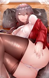 Rule 34 | 1girl, absurdres, ass, azur lane, black pantyhose, black skirt, bra, breasts, brown hair, clothes pull, collarbone, curtains, hair ornament, highres, jacket, large breasts, lips, long hair, looking at viewer, lying, on side, panties, pantyhose, pantyhose pull, partially visible vulva, red eyes, red jacket, samip, shirt, skirt, smile, solo, taihou (azur lane), taihou (sweet time after school) (azur lane), thick thighs, thighs, underwear, very long hair, white bra, white panties, white shirt, wooden floor