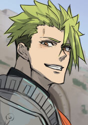 Rule 34 | 1boy, achilles (fate), armor, blurry, blurry background, brown eyes, fate/grand order, fate (series), from side, green hair, grin, haruakira, highres, injury, looking at viewer, male focus, short hair, sideburns, sketch, smile, solo, undercut, upper body