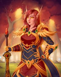 Rule 34 | 1girl, armor, blood elf (warcraft), breastplate, elf, forest, glowing, glowing eyes, holding, long hair, long pointy ears, nature, paladin (warcraft), pointy ears, red armor, red hair, shoulder armor, sienna artwork, tree, warcraft, weapon, world of warcraft, yellow eyes