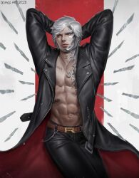 Rule 34 | 1boy, 2023, abs, arms behind head, artist name, black sclera, chest tattoo, colored sclera, deimos art, drawing, jacket, jewelry, jojo no kimyou na bouken, knife, leather, leather jacket, male focus, metal skin, metallica (stand), multiple weapons, muscular, muscular male, necklace, pectorals, red background, red eyes, redesign, risotto nero, short hair, silver skin, tattoo, two-tone background, vento aureo, white background