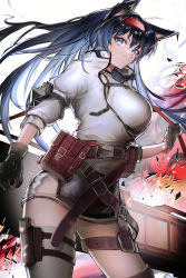 Rule 34 | 1girl, absurdres, animal ears, arknights, black gloves, black hair, blaze (arknights), blue eyes, breasts, cat ears, closed mouth, commentary request, cowboy shot, explosion, gloves, hairband, highres, hossi, infection monitor (arknights), large breasts, long hair, looking at viewer, red hairband, shirt, smile, solo, standing