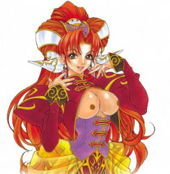 Rule 34 | 1girl, breasts, breasts out, brown eyes, earrings, female focus, game arts, grandia, grandia ii, jewelry, large breasts, long hair, looking at viewer, lowres, millenia (grandia), nail polish, nipples, no bra, orange hair, solo, third-party edit, white background