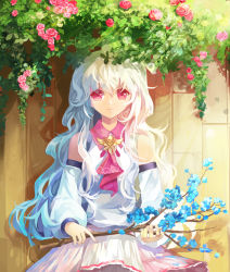 Rule 34 | 1girl, branch, detached sleeves, flower, gradient hair, holding, holding branch, jinying, long hair, looking at viewer, multicolored hair, original, outdoors, pink eyes, pink neckwear, skirt, solo, white hair, white skirt