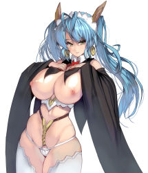 Rule 34 | 1girl, antenna hair, black sleeves, blue hair, bow, bowtie, breast suppress, breasts, breasts out, closed mouth, cowboy shot, curvy, detached collar, detached sleeves, earrings, green eyes, hair ornament, hairband, highres, huge breasts, jewelry, kouno (masao), long hair, looking at viewer, nipples, original, panties, plump, red bow, revealing clothes, simple background, smile, solo, standing, thighhighs, thighs, twintails, underwear, white background, white hairband, white panties, white thighhighs