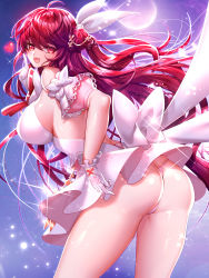Rule 34 | 1girl, absurdres, alternate costume, artist request, ass, bare shoulders, bow, breasts, elesis, elsword, fang, from behind, hair ornament, highres, huge breasts, long hair, looking at viewer, magical girl, miniskirt, open mouth, panties, pantyshot, red eyes, red hair, shiny clothes, shiny skin, sideboob, skirt, smile, solo, thong, underwear, very long hair, white panties