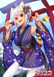 Rule 34 | 1girl, 2022, :3, :d, absurdres, ahoge, animal ears, blue kimono, blue sky, blue sleeves, chinese zodiac, claw pose, commentary request, cowboy shot, dark skin, day, detached sleeves, english text, fang, floral print, food, fruit, grey hair, hair bun, hair ornament, hair ribbon, happy new year, hayama marin, highres, japanese clothes, kimono, leaning forward, lime (fruit), lime slice, looking at viewer, new year, nijisanji, nyanmaru (ememing), obi, open mouth, orange nails, outdoors, print kimono, print sleeves, red eyes, red ribbon, ribbon, sash, short hair, short kimono, sky, sleeveless, sleeveless kimono, smile, solo, standing, tail, thighhighs, tiger ears, tiger tail, torii, virtual youtuber, white thighhighs, wide sleeves, yagasuri, year of the tiger