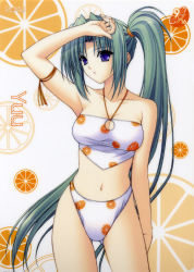 Rule 34 | 00s, 1girl, armband, armpits, bikini, blue eyes, breasts, character name, cleavage, cleavage cutout, clothing cutout, contrapposto, cowboy shot, facing viewer, food, food-themed clothes, fruit, green hair, halterneck, high-waist panties, long hair, looking to the side, medium breasts, navel, navel (company), official art, orange (fruit), orange slice, parted bangs, ponytail, purple eyes, side ponytail, solo, soul link, standing, suzuhira hiro, swimsuit, very long hair, yuu yamanami