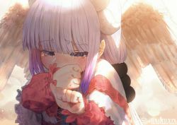 Rule 34 | 1girl, angel wings, artist logo, bad id, bad twitter id, blunt bangs, blush, capelet, child, close-up, commentary, crying, crying with eyes open, dragon girl, dragon horns, eyelashes, gradient hair, hands up, hani haya, highres, horns, kanna kamui, kobayashi-san chi no maidragon, light purple hair, long sleeves, low twintails, multicolored hair, sad, sidelocks, signature, solo, symbol-only commentary, tears, twintails, upper body, wings, wiping tears