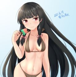 Rule 34 | 1girl, ame-san, bikini, black hair, blue background, blunt bangs, breasts, brown bikini, commentary request, cowboy shot, dated, food, gradient background, hair ribbon, highleg, highleg bikini, highleg swimsuit, highres, isokaze (kancolle), kantai collection, long hair, medium breasts, popsicle, red eyes, ribbon, solo, swimsuit, tress ribbon, twitter username, watermelon bar