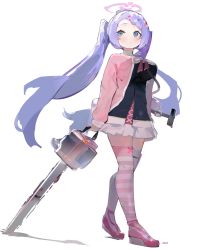 Rule 34 | 1girl, absurdres, asymmetrical legwear, blue archive, blue eyes, breasts, chainsaw, full body, halo, hammer, hanae (blue archive), highres, holding, holding weapon, jacket, mismatched legwear, pill hair ornament, pink footwear, power tool, purple hair, skirt, tota (sizukurubiks), twintails, weapon, white background