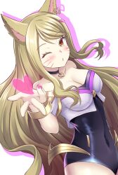 Rule 34 | 1girl, ahri (league of legends), animal ears, black choker, black leotard, blonde hair, blowing kiss, blush, breasts, brown eyes, cat ears, cat girl, chestnut mouth, choker, cowboy shot, facial mark, from side, heart, k/da (league of legends), k/da ahri, large breasts, league of legends, leotard, long hair, looking at viewer, one eye closed, open mouth, outline, pink outline, s (hdru2332), shadow, solo, standing, whisker markings, white background