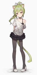 Rule 34 | 1girl, :3, animal ear fluff, animal ears, arms behind back, black choker, black pantyhose, black skirt, brown eyes, cat ears, cat tail, choker, collarbone, commentary, english commentary, full body, green hair, hair ribbon, high heels, highres, long hair, looking at viewer, off shoulder, original, pantyhose, ponytail, ribbon, shoes, shone, short sleeves, simple background, single bare shoulder, skirt, smile, solo, tail, white background, white footwear, white ribbon
