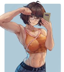 Rule 34 | 1girl, abs, absurdres, ahoge, alternate costume, armpits, belt, black-framed eyewear, breasts, brown eyes, brown hair, cellphone, commentary, covered erect nipples, denim, flexing, glasses, highres, holding, holding phone, jeans, jewelry, large breasts, looking at viewer, midriff, muscular, muscular female, navel, necklace, orange eyes, pants, phone, scooby-doo, selfie, short hair, smartphone, solo, symbol-only commentary, tank top, tezy8art, velma dace dinkley