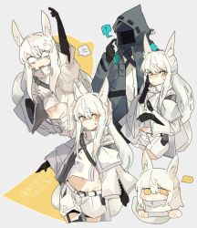 Rule 34 | ..., 1girl, 1other, ?, anger vein, animal ear fluff, animal ears, arknights, belt, black gloves, black jacket, blush, chibi, commentary, crop top, cropped legs, doctor (arknights), embarrassed, english text, gloves, grey background, highres, hood, hood up, hooded jacket, horse ears, jacket, looking at viewer, looking away, midriff, multiple views, odmised, platinum (arknights), scratching cheek, shirt, shorts, sidelocks, simple background, spoken anger vein, spoken ellipsis, spoken question mark, symbol-only commentary, upper body, white belt, white hair, white jacket, white shirt, white shorts, yellow background, yellow eyes