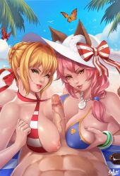 Rule 34 | 2girls, abs, animal ears, asymmetrical docking, beach, bikini, blonde hair, blue bikini, bow, braid, breast press, breasts, bug, butterfly, censored, cooperative paizuri, criss-cross halter, day, ears through headwear, exlic, fate/grand order, fate (series), ffm threesome, fox ears, grabbing, grabbing another&#039;s breast, green eyes, group sex, hair between eyes, hair over shoulder, halterneck, hat, hat bow, head out of frame, hetero, highres, insect, jewelry, large breasts, lips, long hair, lotion bottle, low ponytail, mosaic censoring, multiple girls, nail polish, navel, necklace, nero claudius (fate), nero claudius (fate) (all), nero claudius (swimsuit caster) (fate), nipples, ocean, outdoors, paizuri, parted lips, penis, pink hair, pink lips, pink nails, pov, red bikini, red lips, sky, striped bikini, striped clothes, sun hat, swimsuit, tamamo (fate), tamamo no mae (fate/extra), tamamo no mae (swimsuit lancer) (fate), tamamo no mae (swimsuit lancer) (third ascension) (fate), teamwork, threesome, veins, veiny penis, white headwear, yellow eyes