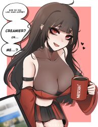 Rule 34 | 1girl, absurdres, ahoge, arm strap, artist name, black eyeshadow, black skirt, blurry, blurry foreground, breasts, brown hair, cleavage, coffee cup, covered collarbone, crop top, cup, disposable cup, english text, eyeshadow, heart, highres, holding, holding cup, large breasts, long hair, looking at viewer, makeup, mikuneki, nescafe, original, red eyes, red skirt, see-through, see-through cleavage, shadow, skirt, solo, speech bubble, sweat, two-tone skirt