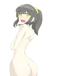 Rule 34 | 1girl, ass, black hair, blush, breasts, covering privates, covering breasts, embarrassed, from behind, harukana receive, higa kanata, highres, long hair, looking back, nude, open mouth, ponytail, scrunchie, small breasts, white background, yellow eyes